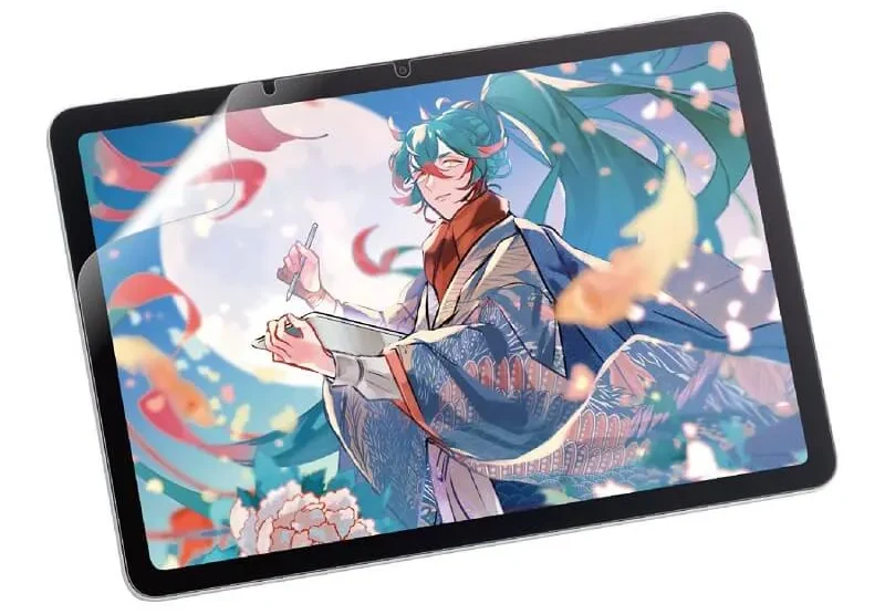 Wacom MovinkPad Pro 14にエレコム製のケント紙タイプ保護フィルム(TB-WMP14FLAPLL)を貼り付けた状態のイメージ画像。長時間の作業環境に最適なセットアップ例。