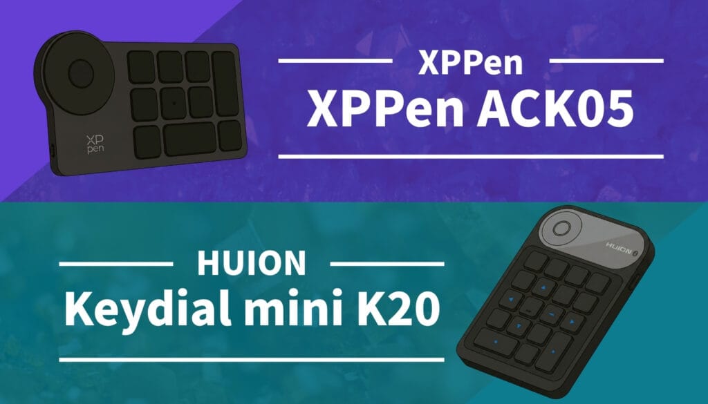 XPPen ACK05とHUION Keydial mini K20の比較画像。クリエイターの時短に役立つ薄型左手デバイス2機種の全体像。
