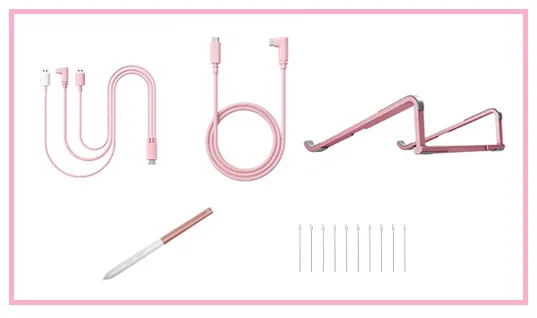 XPPen Artist 12 3rd ピンクモデルに付属する、カラー統一された専用スタンド、2種のケーブル、スタイラスペン、10本の替え芯