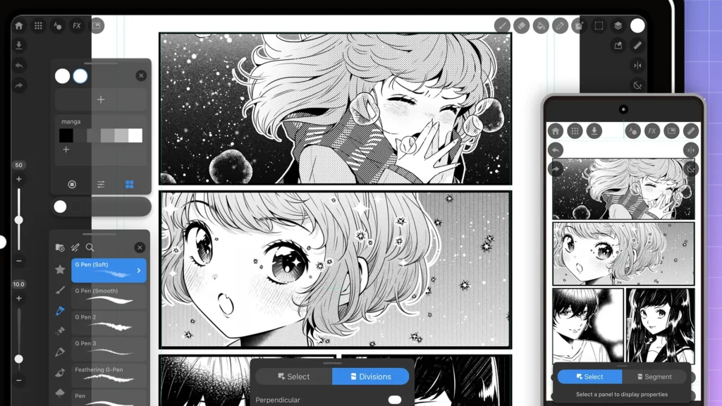 クリスタにも引けを取らない本格的なマンガ制作やコマ割り作業を表現したタブレット画面