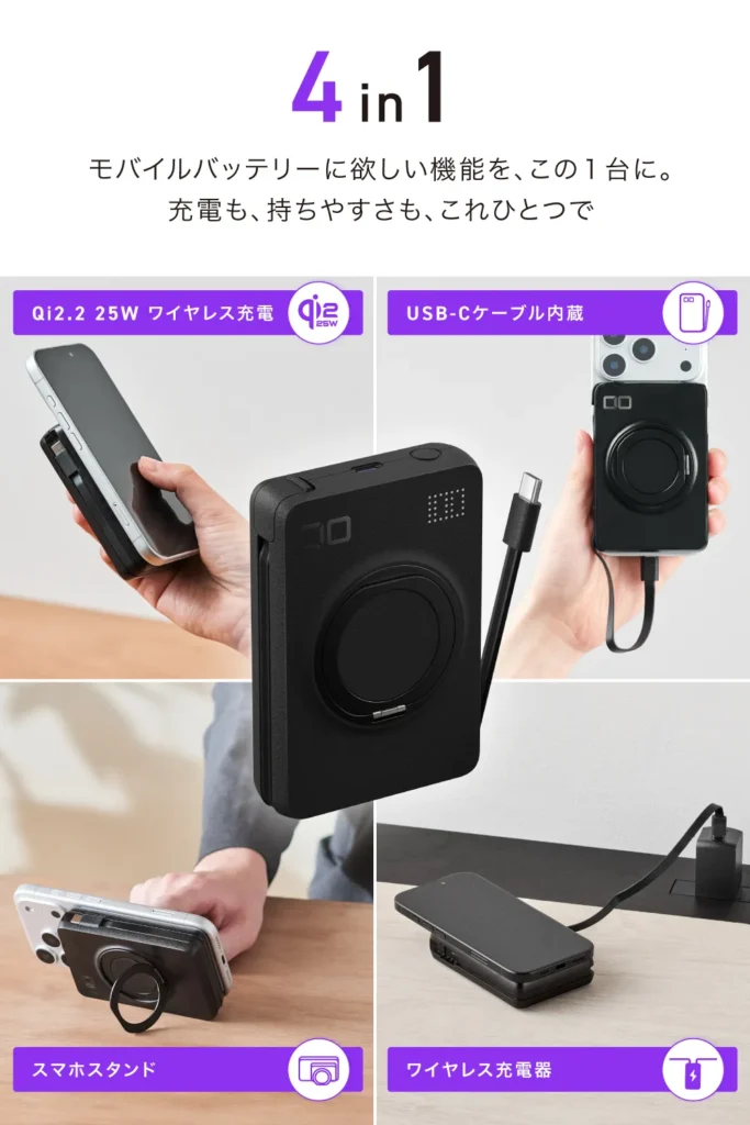 Qi2.2ワイヤレス充電、内蔵USB-Cケーブルでの充電、スマホスタンド、パススルーを活用した据え置きワイヤレス充電器の4つの機能を備えた「SMARTCOBY Ex05」の4in1活用イメージ。