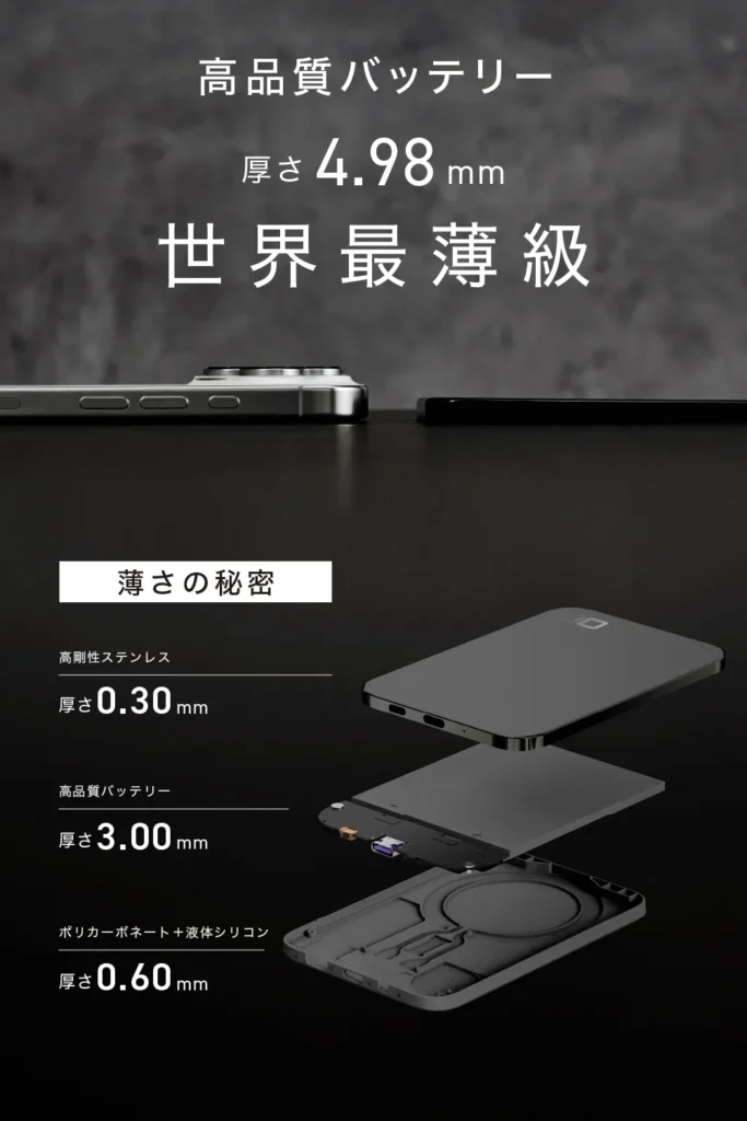 厚さわずか4.98mmを実現した「SMARTCOBY ULTRA SLIM 3K」の内部構造。高剛性ステンレスや、端末を傷つけない液体シリコン素材の採用を解説した分解図。
