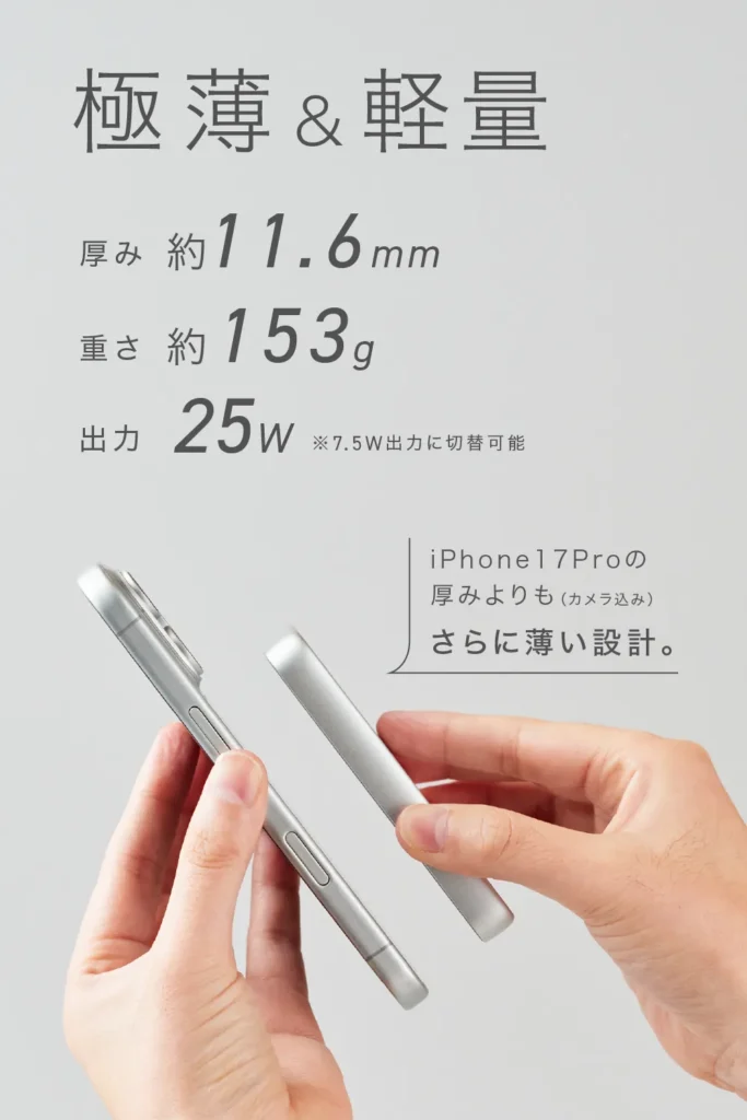 厚み約11.6mm、重さ約153gの極薄モバイルバッテリー「SMARTCOBY SLIM II Wireless2.2 SS5K」をスマートフォンと比較して持っている様子。