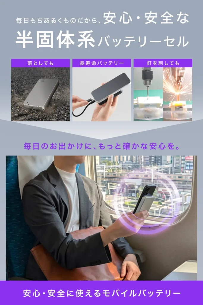 釘刺しテストや落下衝撃への強さを示し、高い熱安定性を誇る半固体系バッテリーセルを採用した「SMARTCOBY」シリーズの安全性解説画像。
