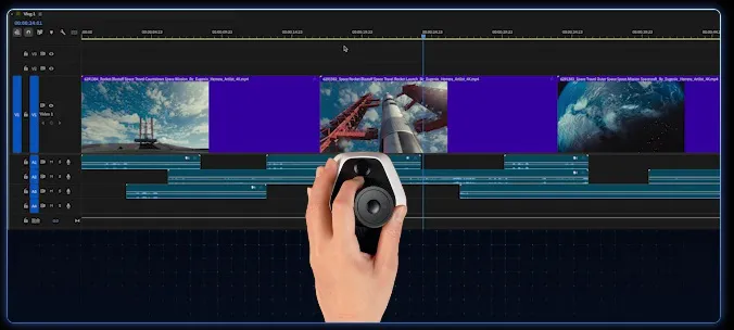 XPPen Pilot Proのジョイスティックを活用し、動画編集の長いタイムラインをスムーズに移動する様子