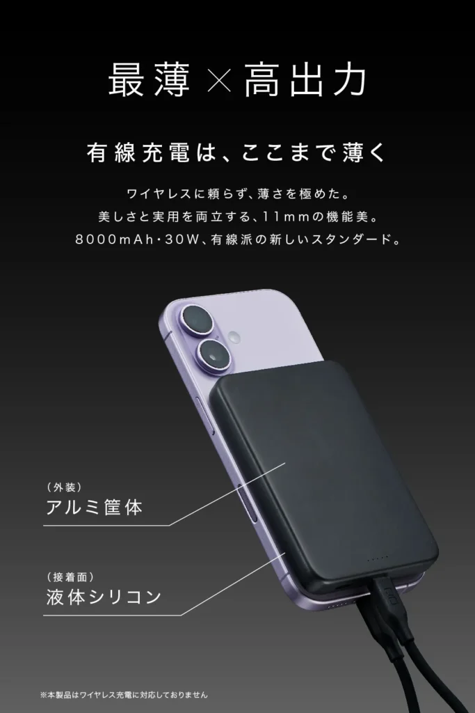 高級感のあるアルミ筐体と接地面の液体シリコンを採用し、MagSafeでスマホ背面に吸着させながらケーブルで有線充電を行う「SMARTCOBY SLIM II Pro 8K」の使用イメージ。