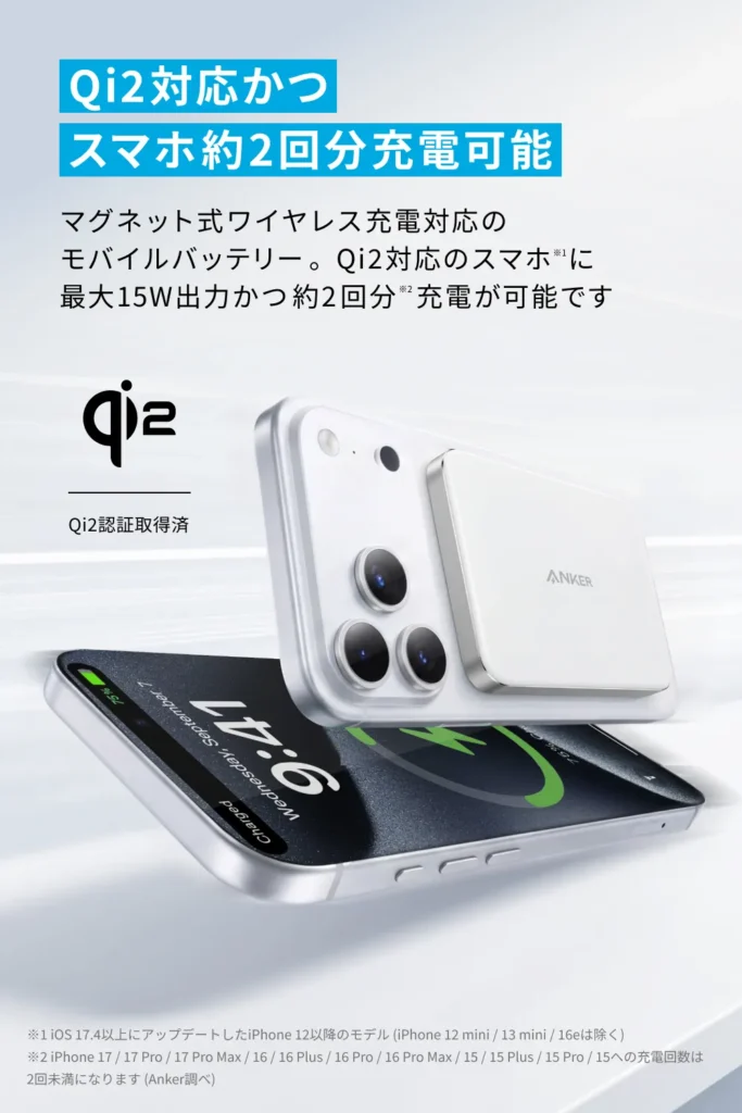 Anker Nano Power Bank (MagGo, Plus)をiPhone背面にマグネット装着し、最大15WのQi2ワイヤレス充電を行っている様子