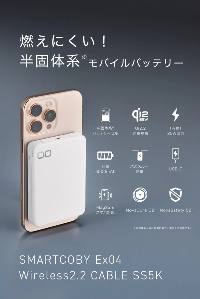 燃えにくい半固体系セルを搭載し、最大25WのQi2.2ワイヤレス充電に対応したケーブル内蔵モバイルバッテリー「SMARTCOBY Ex04 Wireless2.2 CABLE SS5K」のスペックと装着イメージ。
