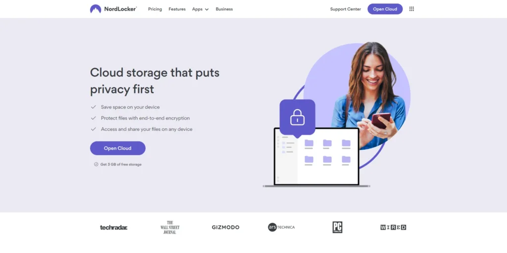 セキュリティ特化型サービス「NordLocker」の公式サイトトップ画面。クラウド上だけでなく、MovinkPadやPC内にある特定のローカルフォルダ自体を強力に暗号化するメリットを解説するためのイメージ画像。